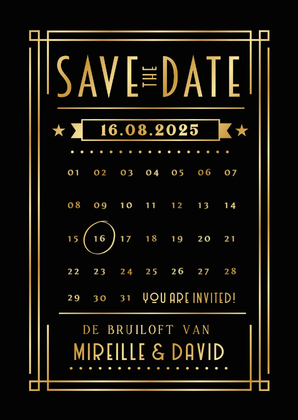 Trouwkaarten - Save the Date kaart in retro poster stijl met goudfolie 
