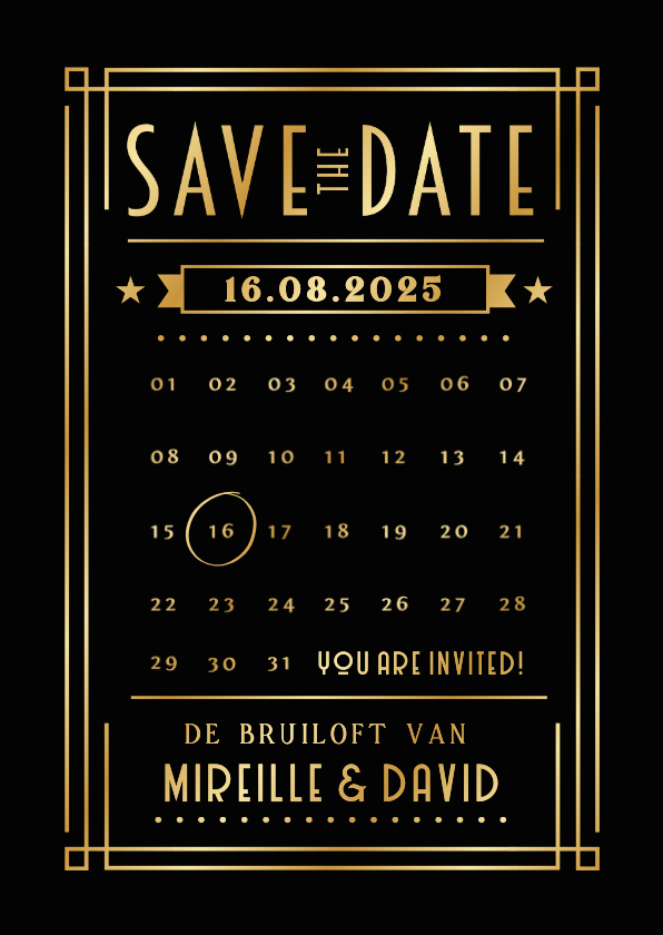 Trouwkaarten - Save the Date kaart in retro poster stijl met goudfolie 