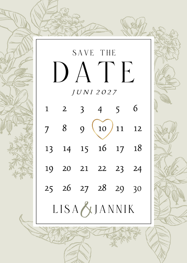 Trouwkaarten - Save the date kaart klassiek kalender botanisch hart goud