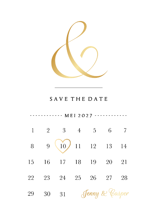 Trouwkaarten - Save the Date kaart klassiek kalender goudfolie