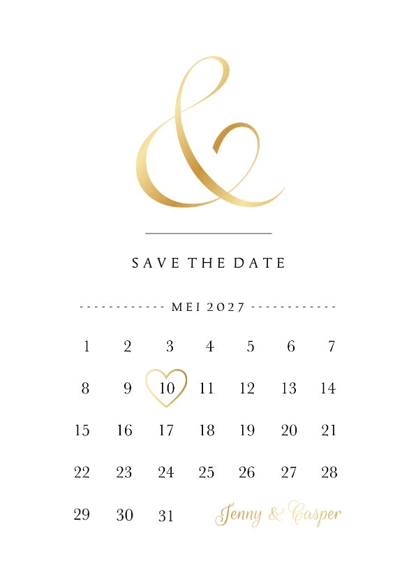 Save the Date kaart klassiek kalender goudfolie - Trouwkaarten Trouwkaarten - Save the Date kaart klassiek kalender goudfolie