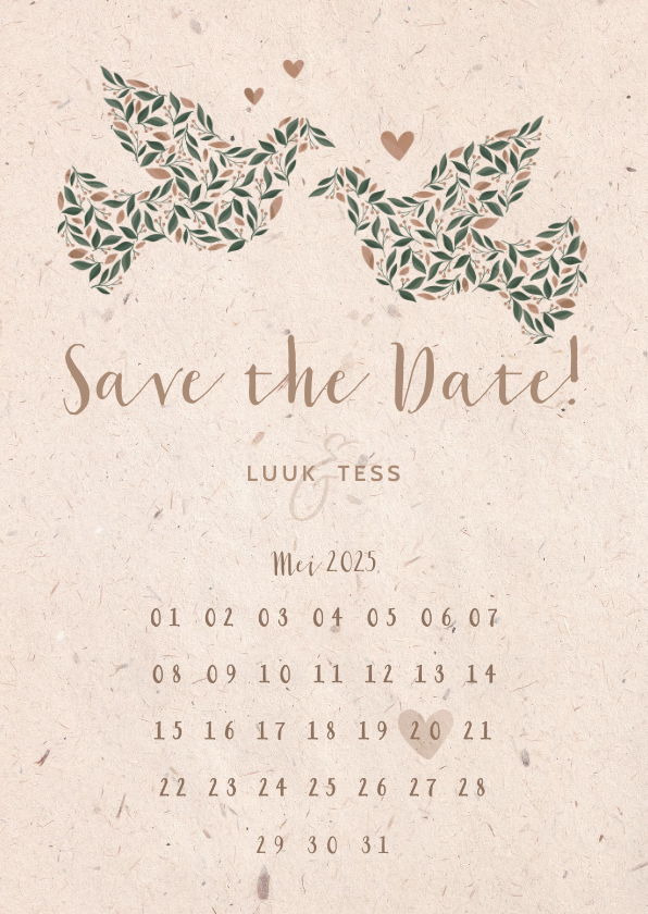 Save the Date kaart kraftlook met duiven van bloemen - Trouwkaarten Trouwkaarten - Save the Date kaart kraftlook met duiven van bloemen