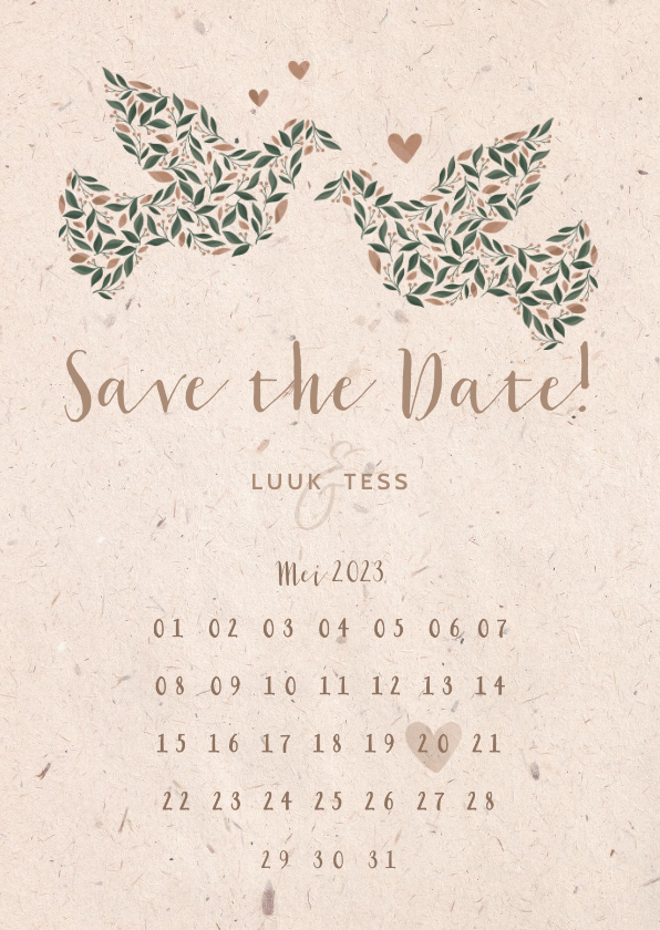 Save the Date kaart kraftlook met duiven van bloemen - Trouwkaarten Trouwkaarten - Save the Date kaart kraftlook met duiven van bloemen