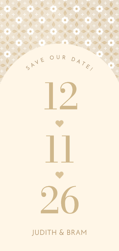Save the date kaart met beige boho patroon en grote datum - Trouwkaarten Trouwkaarten - Save the date kaart met beige boho patroon en grote datum