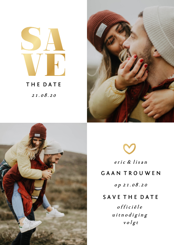 Trouwkaarten - Save the date kaart met foto's en gouden accenten