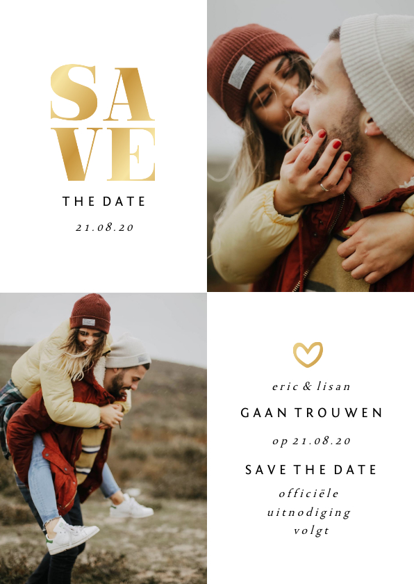 Save the date kaart met foto's en gouden accenten - Trouwkaarten Trouwkaarten - Save the date kaart met foto's en gouden accenten
