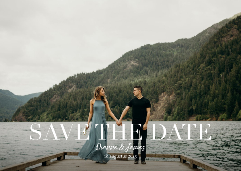 Trouwkaarten - Save the date kaart met grote foto en witte typografie