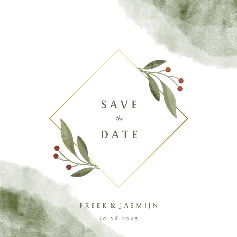 Save the date kaart met waterverf en botanisch gouden kader - Trouwkaarten Trouwkaarten - Save the date kaart met waterverf en botanisch gouden kader