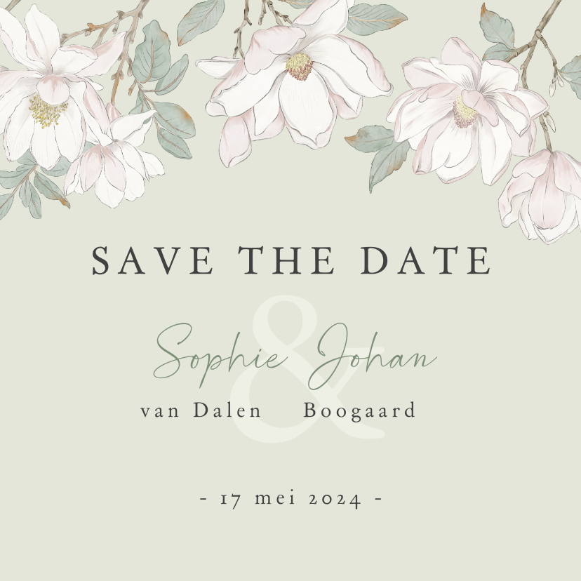 Trouwkaarten - Save the date kaart met witte magnolia bloemen