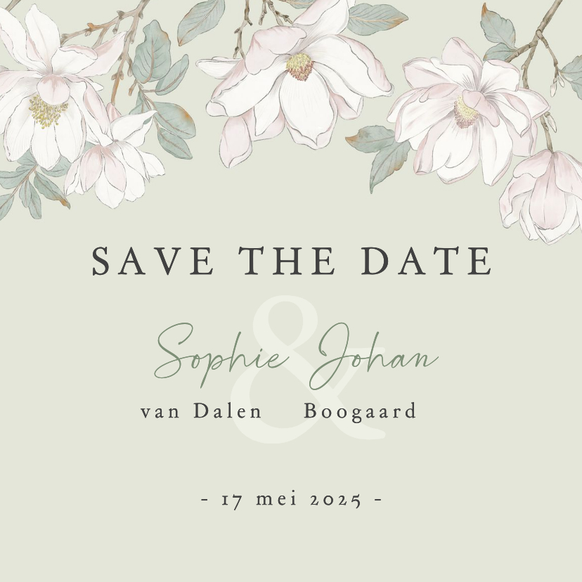 Trouwkaarten - Save the date kaart met witte magnolia bloemen