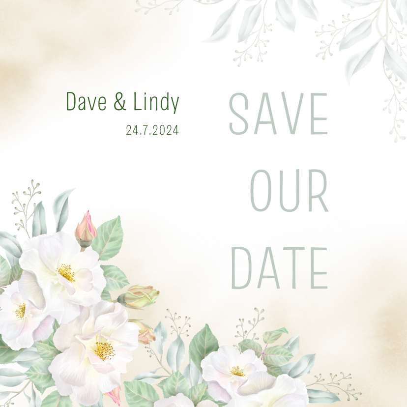 Trouwkaarten - Save the date kaart met witte rozen
