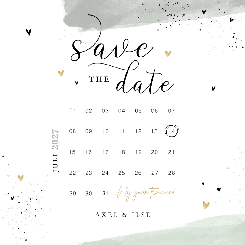 Save the date kaart mint verf hartjes kalender