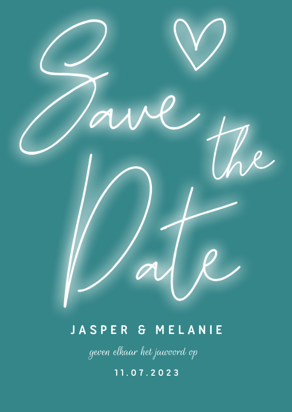 Save the date kaart neon letters, hartje en foto - Trouwkaarten Trouwkaarten - Save the date kaart neon letters, hartje en foto