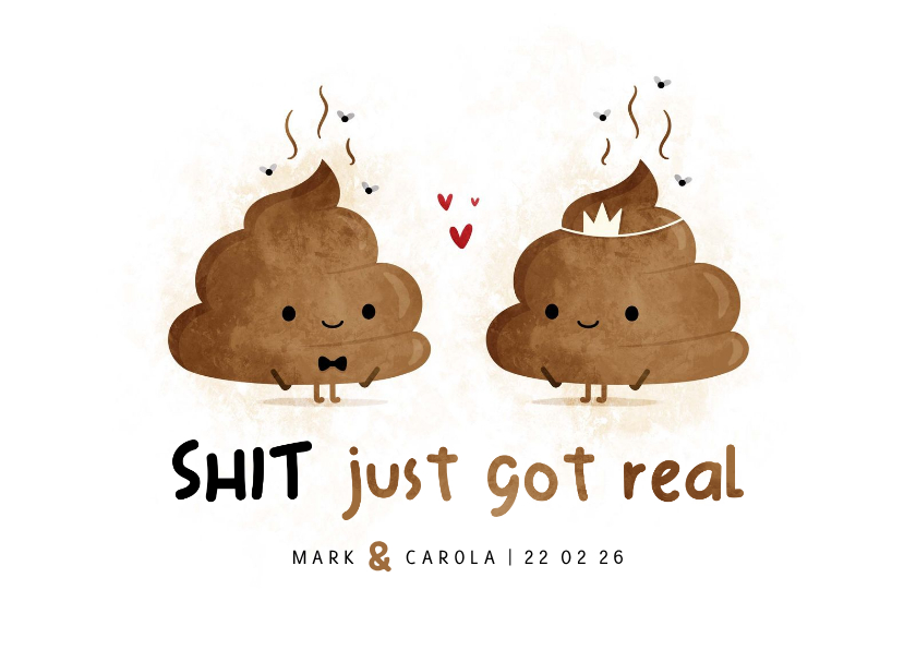 Trouwkaarten - Save the date kaart shit just got real met drollen