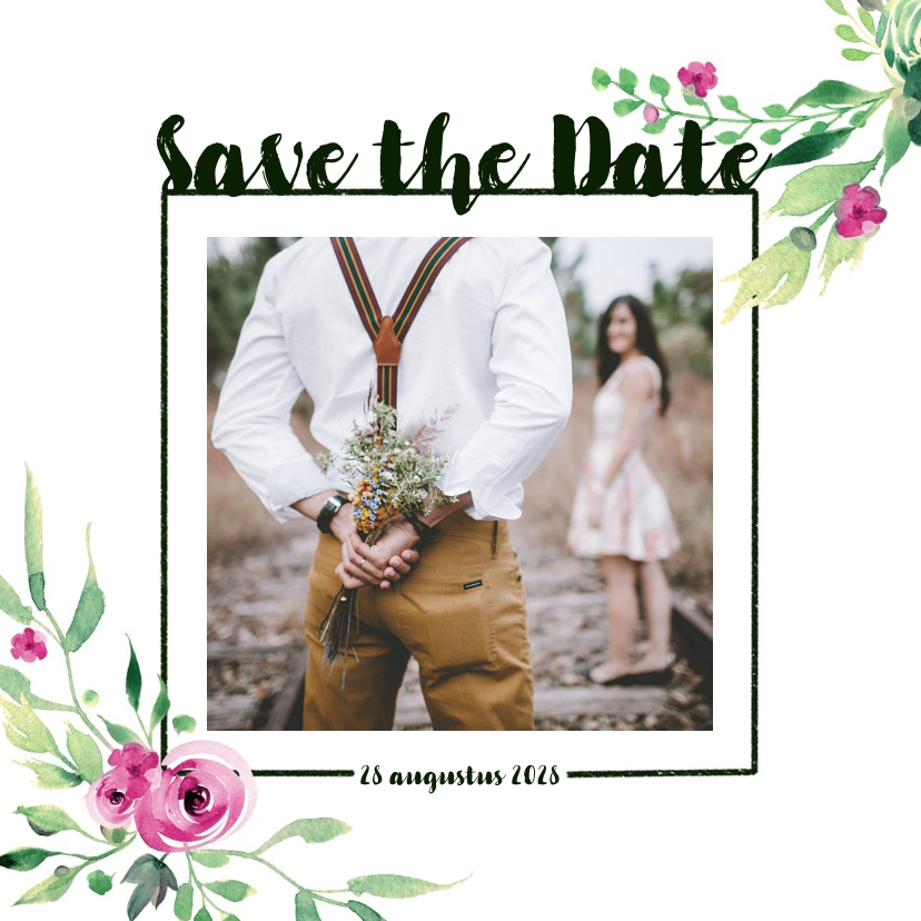 Save the Date kaart Stijlvol wit met bloemen - Trouwkaarten Trouwkaarten - Save the Date kaart Stijlvol wit met bloemen
