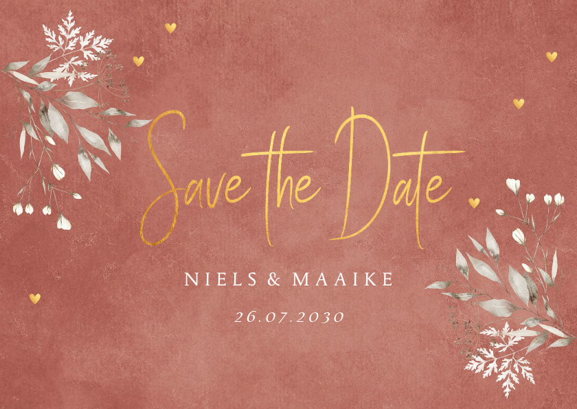 Trouwkaarten - Save the Date kaart terracotta floral hartjes