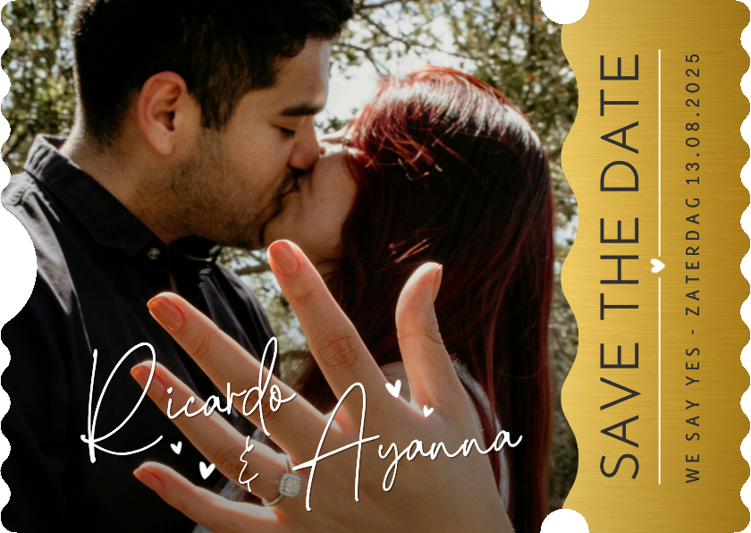 Trouwkaarten - Save the Date kaart ticket met grote foto en namen