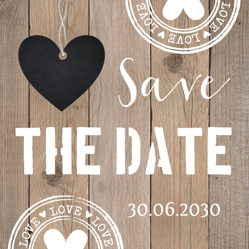 Trouwkaarten - Save the Date kaart typografie hartje houtlook