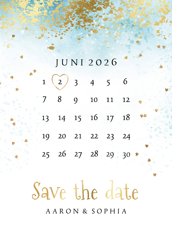 Trouwkaarten - Save the date kaart watercolour kalender goud
