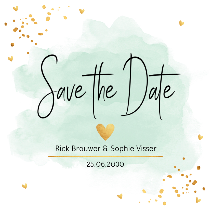 Trouwkaarten - Save the Date kaart waterverf mintgroen goudlook confetti