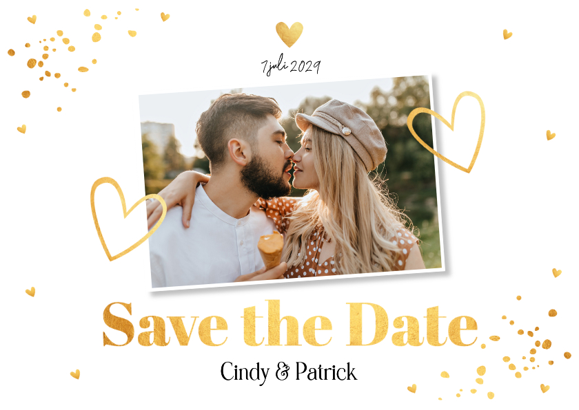 Save the Date kaart wit foto hartjes goudlook - Trouwkaarten Trouwkaarten - Save the Date kaart wit foto hartjes goudlook