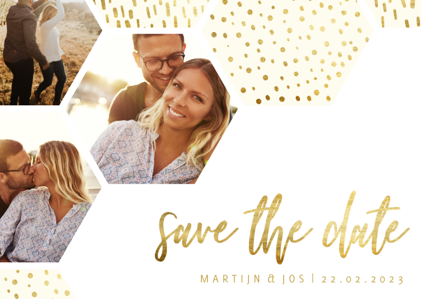 Save the date kaart zeshoek fotocollage met gouden confetti Save the date kaart zeshoek fotocollage met gouden confetti