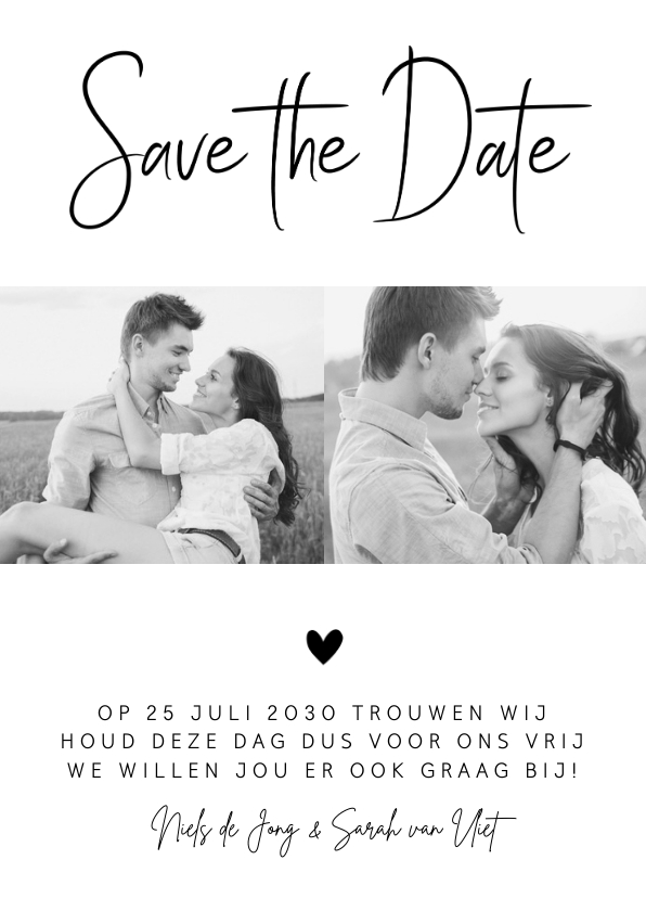 Trouwkaarten - Save the Date kaart zwart-wit foto hartje