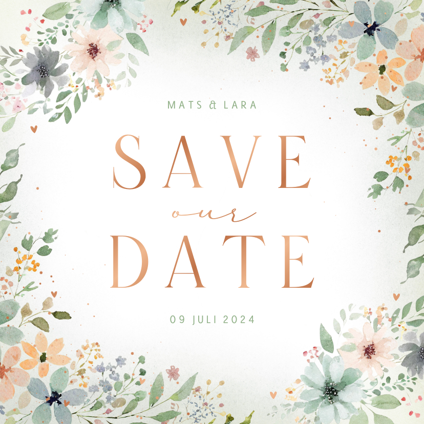 Trouwkaarten - Save the date kader met bloemetjes waterverf zachte kleuren