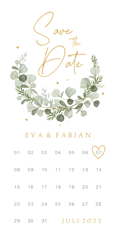 Trouwkaarten - Save the date kalender eucalyptus stijlvol hartjes klassiek