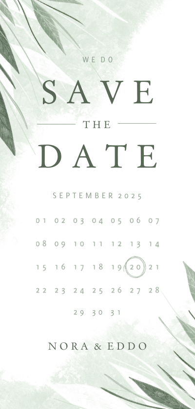 Trouwkaarten - Save the date kalender jungle bladeren met waterverf