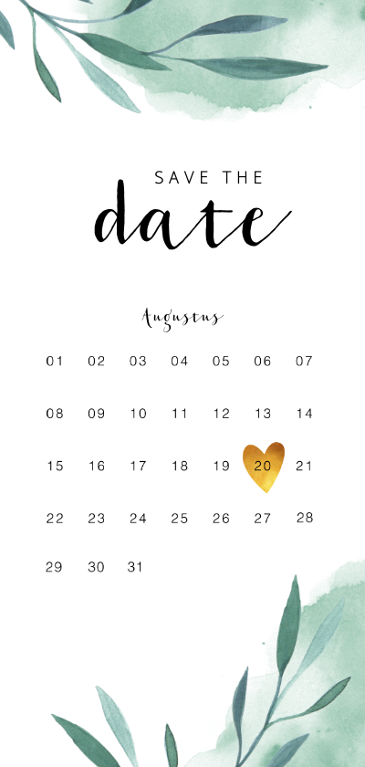 Save the date kalender kaart met waterverf en blaadjes 