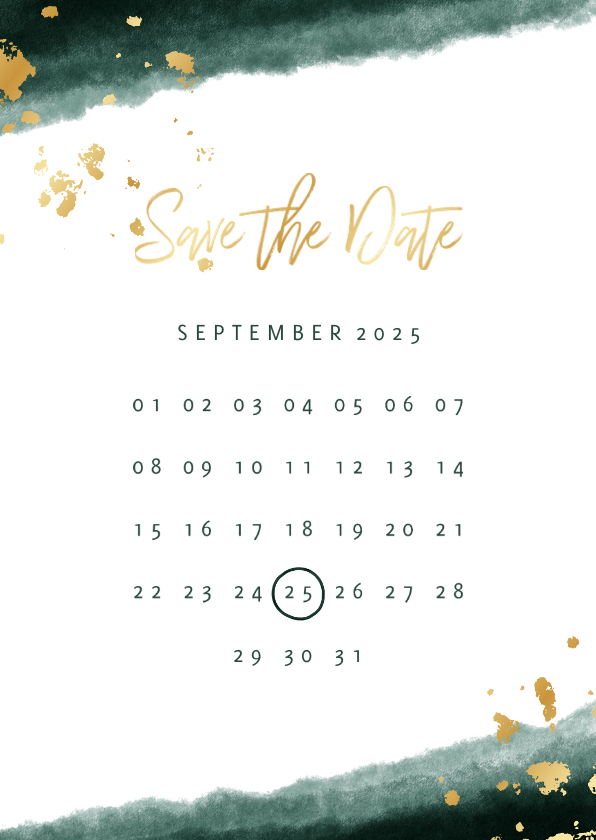 Trouwkaarten - Save the date kalender waterverf gouden tekst