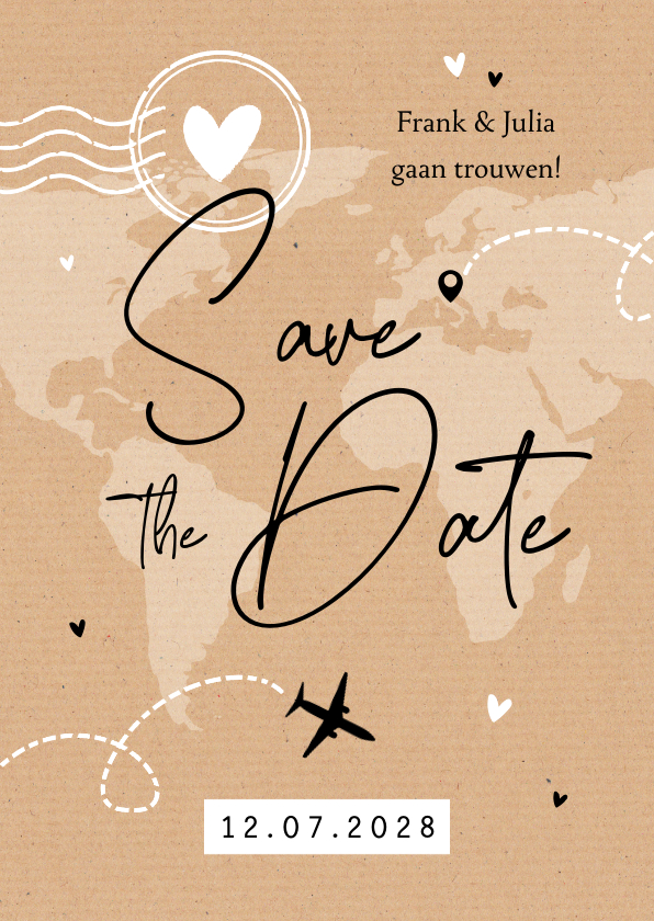 Trouwkaarten - Save the date kraft reizen ticket vliegtuig wereldkaart