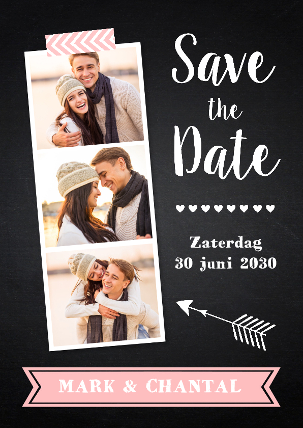 Save the Date krijtbord fotocollage - Trouwkaarten Trouwkaarten - Save the Date krijtbord fotocollage