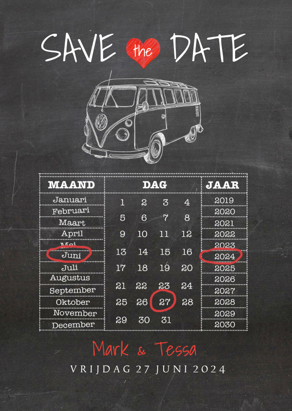 Trouwkaarten - Save the Date krijtbord vw busje