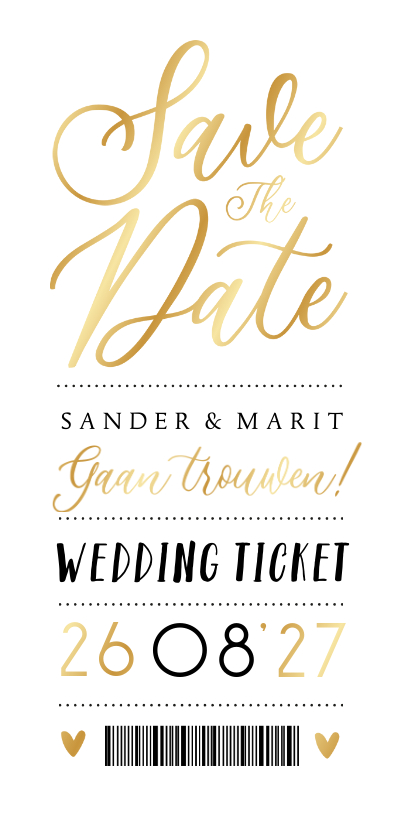 Save the date langwerpige ticket trouwkaart goud elementen - Trouwkaarten Trouwkaarten - Save the date langwerpige ticket trouwkaart goud elementen