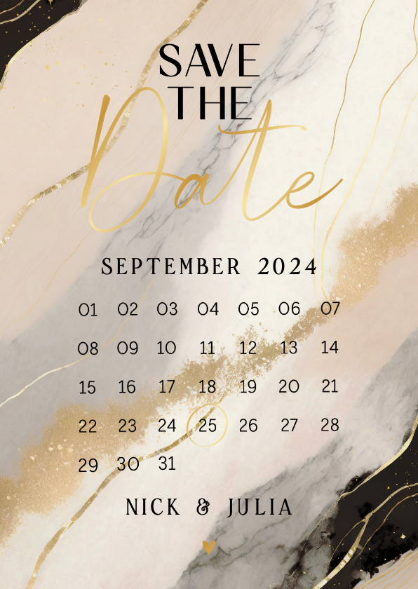 Trouwkaarten - Save the date marmerlook beige zwart en goud kalender