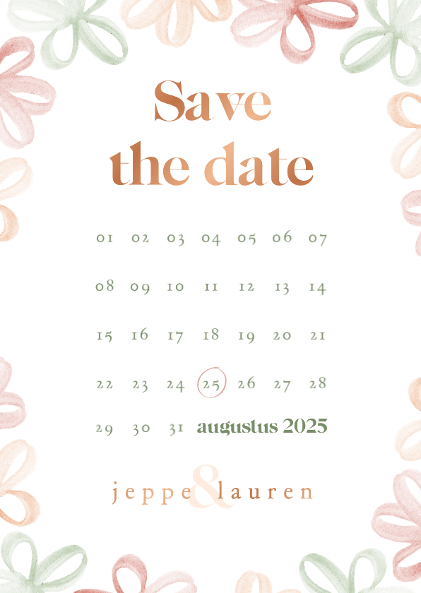 Trouwkaarten - Save the date met waterverf bloemetjes en kalender