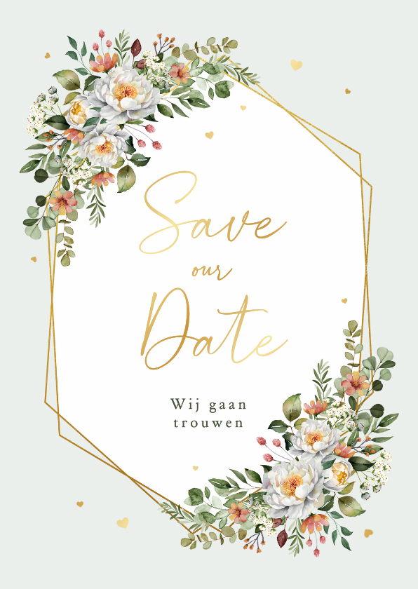 Trouwkaarten - Save the Date romantisch bloemen stijlvol hartjes goud