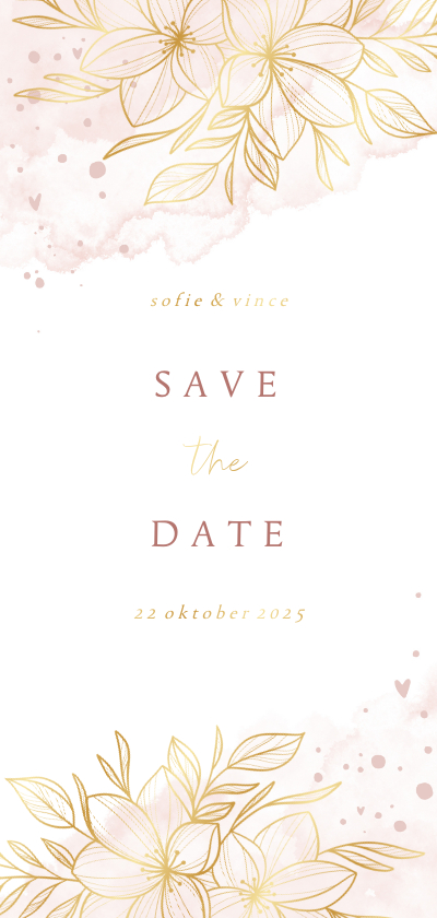 Trouwkaarten - Save the date romantisch gouden bloemen met roze waterverf