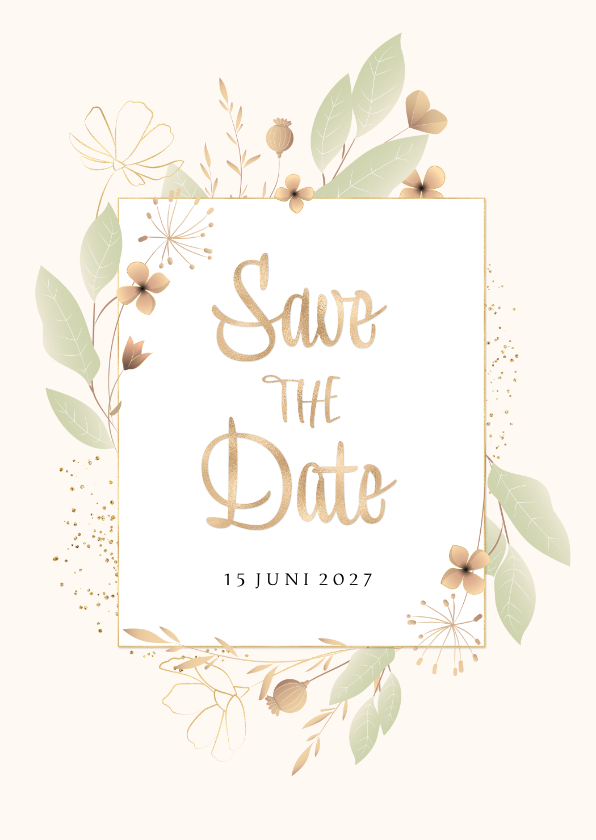 Trouwkaarten - Save the date stijlvol botanisch zacht groen oker goudlook