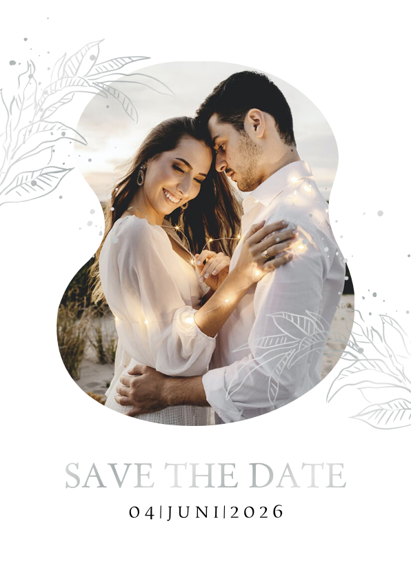 Save the date stijlvol minimalistisch bladerdak zilver foto Save the date stijlvol minimalistisch bladerdak zilver foto