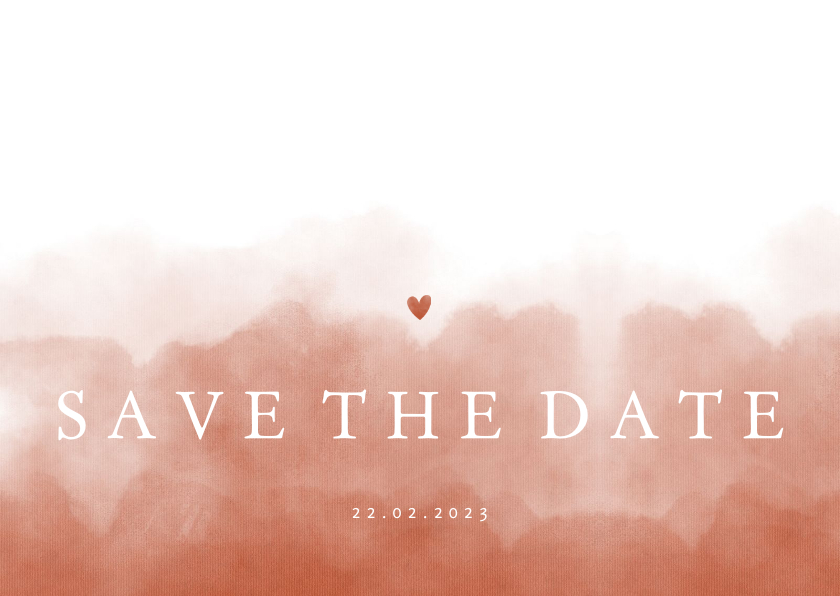 Save the date stijlvol terra roze waterverf met hartje - Trouwkaarten Trouwkaarten - Save the date stijlvol terra roze waterverf met hartje
