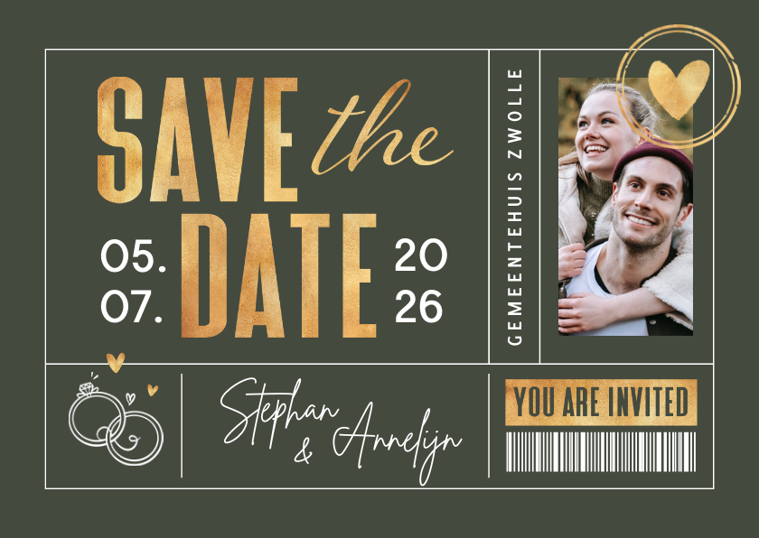 Trouwkaarten - Save the date ticket trouwkaart hartje ringen goud 