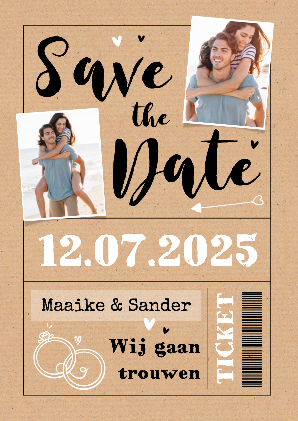 Save the date ticket trouwkaart uitnodiging foto kraft - Trouwkaarten Trouwkaarten - Save the date ticket trouwkaart uitnodiging foto kraft