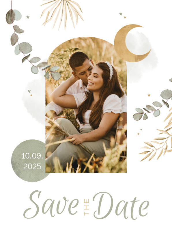 Trouwkaarten - Save the date trouwkaart Arabisch eucalyptus maan goud foto