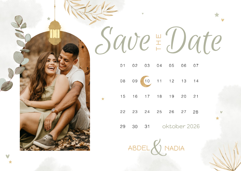 Save the date Trouwkaart Arabisch kalender eucalyptus maan - Trouwkaarten Trouwkaarten - Save the date Trouwkaart Arabisch kalender eucalyptus maan