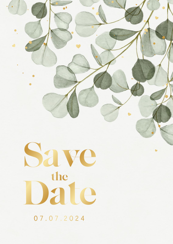 Trouwkaarten - Save the date trouwkaart eucalyptus goud hartjes spetters