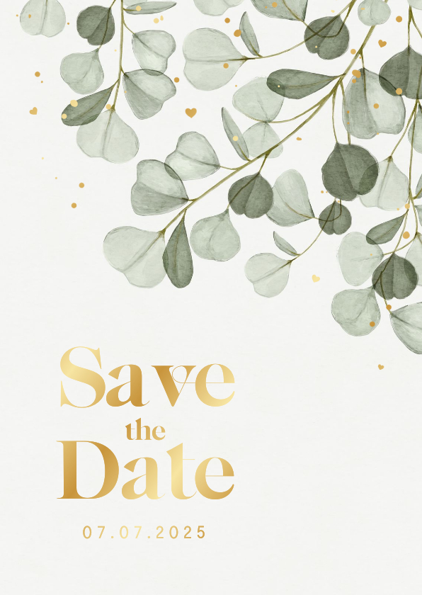 Trouwkaarten - Save the date trouwkaart eucalyptus goud hartjes spetters