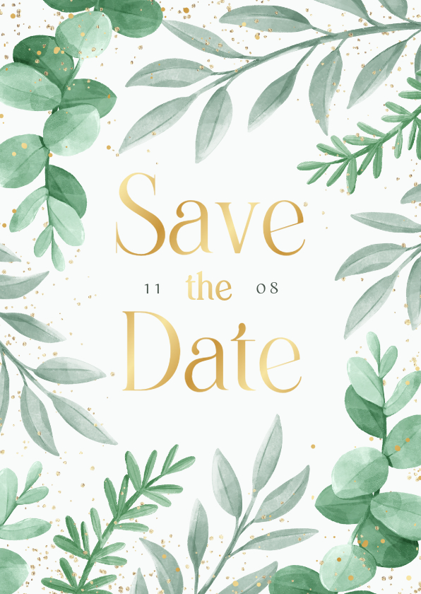 Trouwkaarten - Save the date trouwkaart eucalyptus takjes botanisch goud 